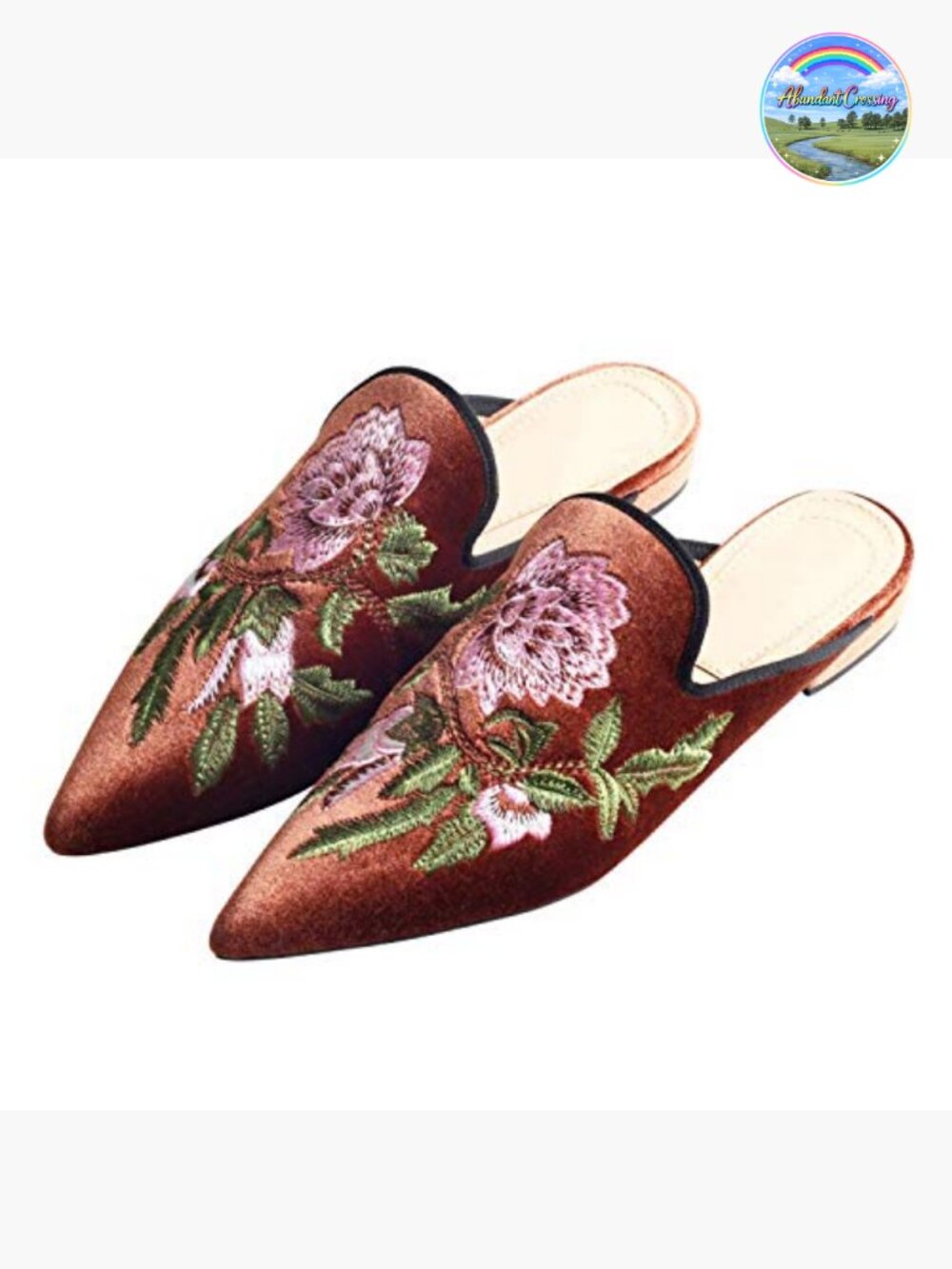 Velvet Backless Pointed Toe Slip On Loafers Flats Embroidery Mule Slippers - Picture 4 of 5